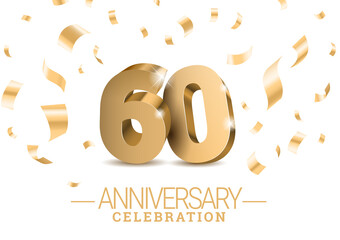 Anniversary 60. gold 3d dancing numbers. Poster template for Celebrating 60th anniversary event party. Vector illustration - obrazy, fototapety, plakaty