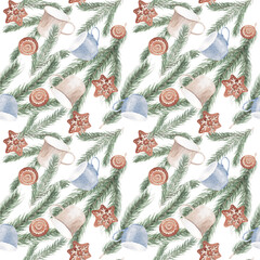 scandinavian ornament. seamless watercolor patterns of gingerbread, cards, letters, cups, envelopes, cotton twigs. Great for holiday packaging, advertising backdrops, wrapping paper, postcards