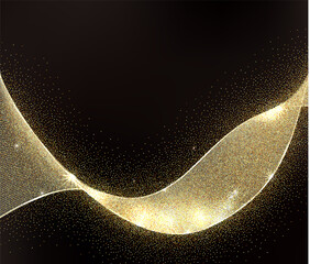 Abstract Gold Waves Design. Shiny golden moving lines design element with glitter effect on dark background for Business or Gretting card. Vector Illustration