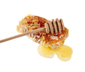 Honeycomb and honey dipper.