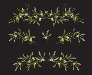 Watercolor set of hand drawn mistletoe borders isolated on black background. Traditional Christmas decoration, festive garland, winter plant, evergreen twig with berries. Vintage style botanical illus