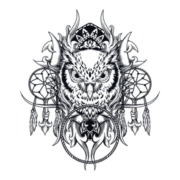 tattoo and t-shirt design black and white hand drawn owl and dream catcher engraving ornament premium vector