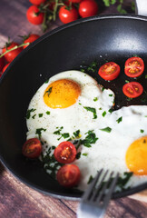 
Fried eggs in a frying pan.