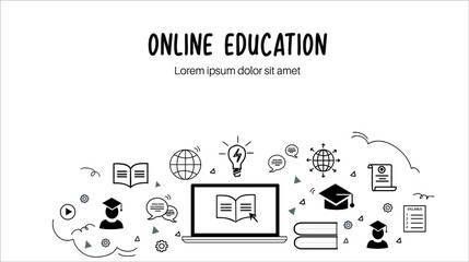 Online Education doodle style banner in white background. E learning concept background icons black colors. 