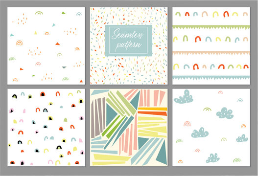Creative set of six colorful abstract seamless patterns and prints.