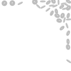 Indian rupee coins falling. Scattered black and wh