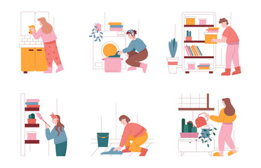 Man and woman characters clean home and do household work. Vector illustration set of people cleaning house, dusting, washing clothes. Housework, laundry, washing machine