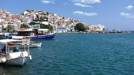 Naklejka na ściany i meble Picturesque main town and port of Skopelos island, Sporades, Greece