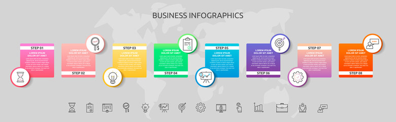 Infographics circles with 8 steps, squares. Vector template used for diagram, business, web, banner, workflow layout, presentations, flowchart, info graph, timeline, content, levels, processes diagram