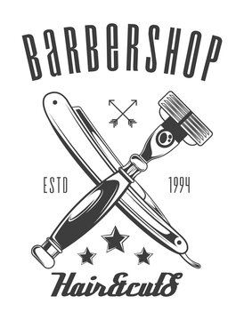 Logotype For Barbershop In Black And White Style. Barber Shop Logo Flat Vector Design Emblem With Crossed Razors. Hairdressing Salon Signboard Depicting A Dangerous Blade And A Modern Men S Razor