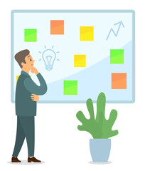 Business idea development, generation of innovation concept. Man thinking about promotion, brainstorming. Office worker near presentation poster with idea bulb. Business and motivation banner