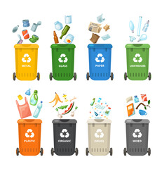 Trash in garbage cans with sorted garbage for organic, paper, plastic, glass, metal, drugs, light bulbs. Separation of garbage into different containers. Recycling sorting, waste collection