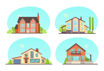Set colorful country town houses with roof, suburban cottages, guest house, mansion, townhouse, house brick, buildings. Facade apartment house. Real Estate vector illustration