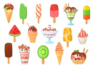 Ice cream vector illustration set. Cartoon flat sweet food collection with vanilla ice cream in popsicles stick or waffle cones in chocolate topping, strawberry dessert, frozen fruit isolated on white