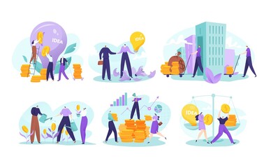 Business investment, profit concept vector illustration. Cartoon flat businessman character investing gold money coins, people investors increasing financial wealth, finance growth isolated on white
