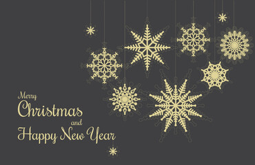 Fototapeta premium New Year and Christmas greeting card design with decorative snowflakes design. Vector line illustration. 