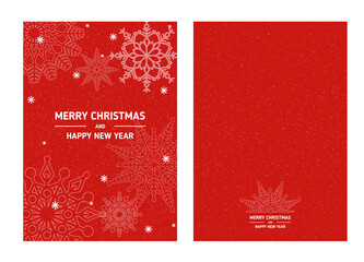 Red Christmas card with white snowflakes.  Vector illustration. Mandala ornament, elegant and romantic. 