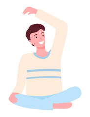Man doing yoga isolated on white background. Young happy man sitting on the floor in lotus position. Male character taking care of his health, leads a healthy lifestyle, doing relaxation exercises