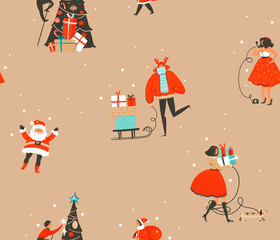 Hand drawn vector abstract fun stock flat Merry Christmas,and Happy New Year time cartoon festive seamless pattern with cute illustrations of Xmas retro gift boxes isolated on color background