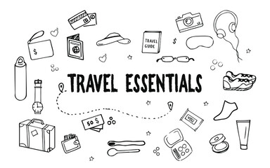 Hand drawn travel essential vector in doodle style white background. Overhead view of essential things for packing. Travel accessories doodle icon set.