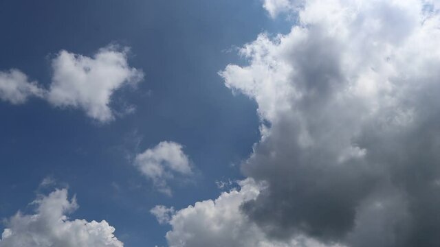 timelapse clouds flowing in the blue sky. timelapse video for white clouds moving in the beautiful blue sky at Noon Time. White blue clouds moving very fast in the sky.