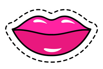 Female cartoon pink lips with dashed line outline. Icon, sign, symbol, patch design modern style, nice shiny glamour woman lips, a good mood sticker vector illustration isolated on white background