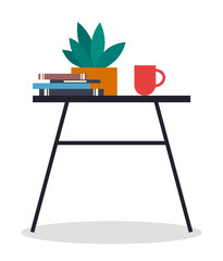 A small table with a stack of books, potted plant and a cup of coffee or tea. Cozy workplace in office. Office interior equipment books, folders and papers on table flat style vector illustration