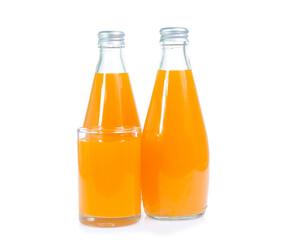 Orange juice in glass bottle isolated on white background