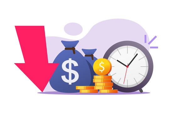 Inflation money time concept vector icon flat cartoon illustration, cash savings value crisis risk, long period term financial bad investment, loss income or profit revenue, economy recession