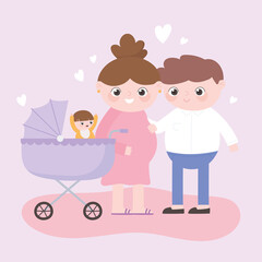 pregnancy and maternity, dad and pregnant mom with baby in pram