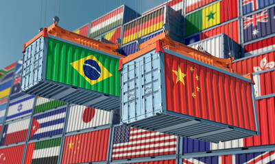 Freight containers with Brazil and China national flags. 3D Rendering