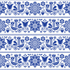Scandinavian folk art seamless vector design with flowers and birds, cute repetitive white and navy blue pattern
  