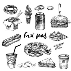 Fast food set illustration. Sketch and watercolor. 