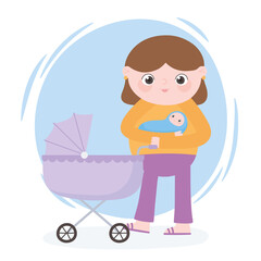 pregnancy and maternity, mom carrying baby and pram