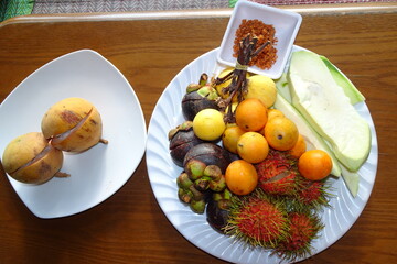 Local fruits like rambutan, mangosteen in Kampot, Cambodia