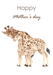 Giraffes, mom and baby, illustration, safari watercolor mothers day card