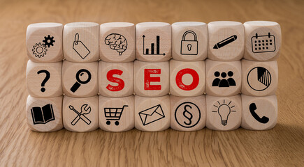 Dice with icons and the word SEO