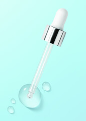 Serum pipette and drop isolated on blue background. Facial beauty treatment. Transparent cleanser, peeling, shampoo, shower gel, above. Realistic cosmetic product sample vector illustration. Skincare