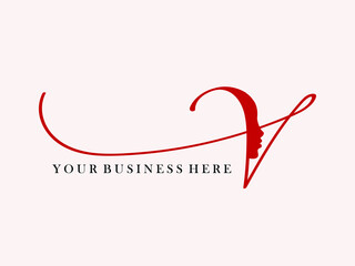 Letter V logo with beautiful woman portrait.Beauty studio, hair salon vector icon in red color isolated on light background.Calligraphic elegant shape.Luxury, feminine style silhouette.