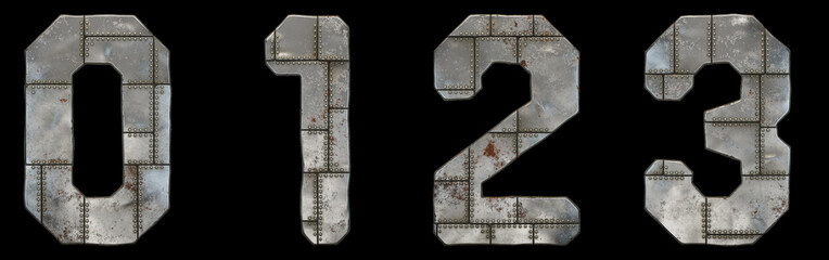 Fototapeta premium Set of numbers 0, 1, 2, 3 made of industrial metal on black background 3d