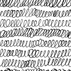 Wavy grunge lines vector seamless pattern. Horizontal brush strokes, swirls, curly lines with loops. Black paint freehand background. Geometric ornament for wrapping paper. Dry brushstrokes pattern.