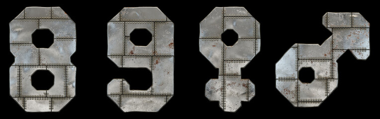 Set of numbers 8, 9 and symbols female, male made of industrial metal on black background 3d