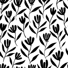 Brush flower branches vector seamless pattern. Hand drawn botanical ink illustration, abstract plants. Wildflowers painted by brush. Hand drawn black print for fabric, wrapping paper, wallpaper design