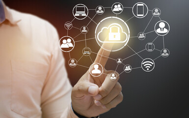 Businessman pressing icon for security Internet online business (concept pointing security services)