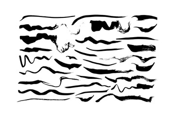 Black paint wavy brush strokes vector collection. Dirty curved lines and wavy brushstrokes. Ink illustration isolated on white background. Modern grunge brush lines. Calligraphy smears, stamps.