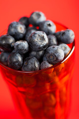 Glass filled with fresh blueberries on red background. Studio shot. Selective focus on subject.