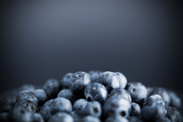 Pile of fresh blueberries on dark background. Studio shot. Selective focus on subject.