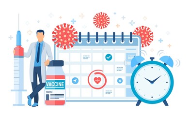 Time to vaccinate concept. Immunization campaign. Vaccine shot. Doctor and syringe with a vaccine bottle calendar and virus. Health care and protection. Medical treatment. Flat vector illustration.