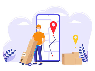 Fast online order delivery. Couriers send goods or postal packages by express. Vector illustration in flat style.