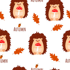Seamless pattern with cute hedgehogs with mushrooms in his hands. With autumn sign amd oak autumn leaves. Cartoon style. Vector